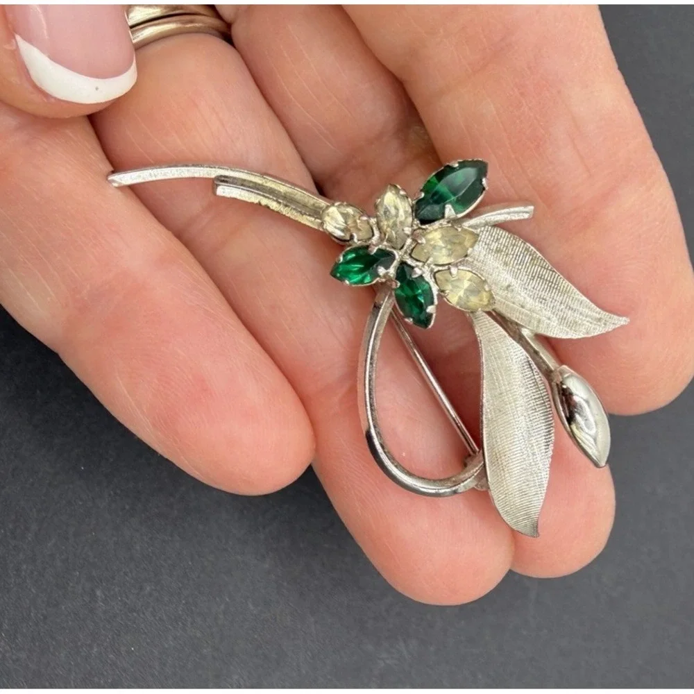 Vintage STAR ART Sterling Silver Flower Spray Brooch Pin Green Rhinestone 1950s